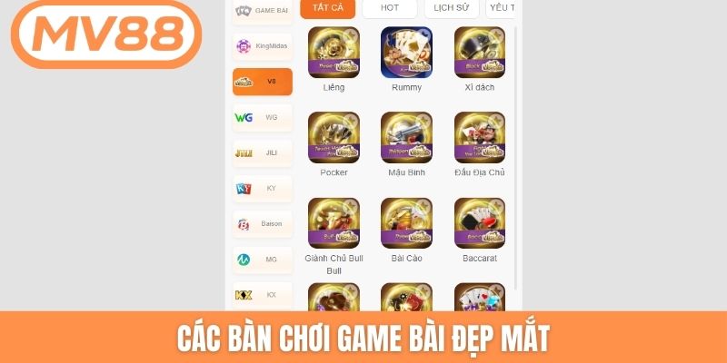 Các bàn chơi game bài đẹp mắt