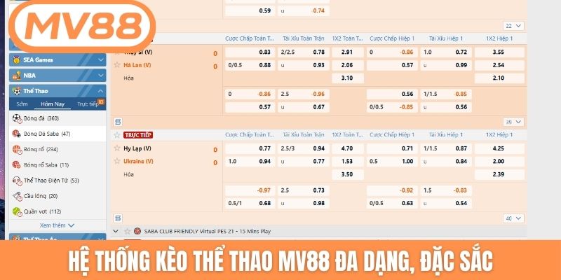 Hệ thống kèo thể thao MV88 đa dạng, đặc sắc