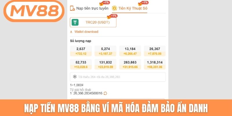 Nạp tiền MV88 bằng ví mã hóa đảm bảo ẩn danh