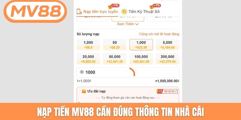 Nạp tiền MV88 cần đúng thông tin nhà cái